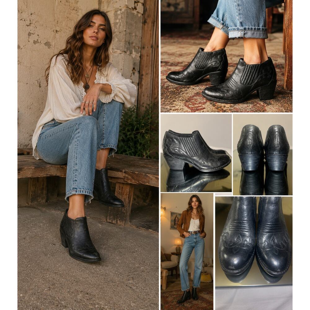 Born Black Distressed Leather Western Ankle Booties Comfort Heels EU 38 - Picture 1 of 13